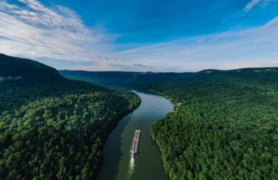 aerial photography of a boat on a waterway in the middle of forest